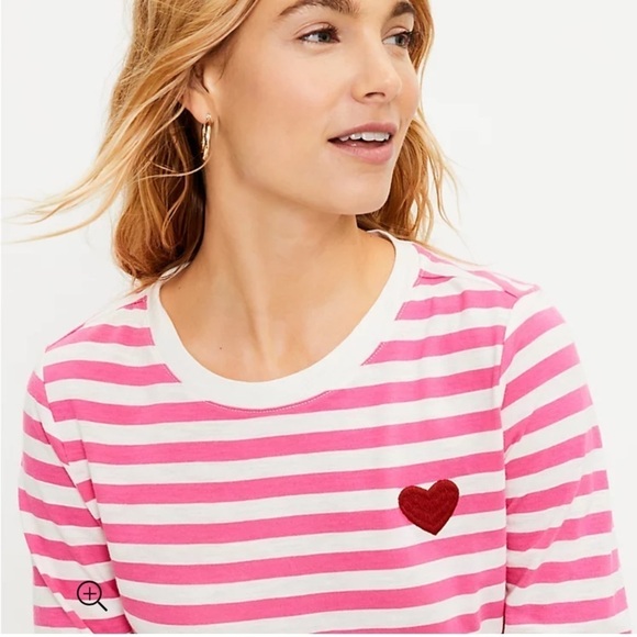 Loft Heart Stripe Long Sleeve Everyday Tee Shirt Pink White - Picture 2 of 7